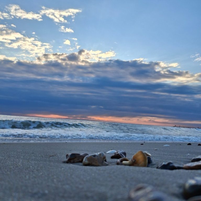Strand mit Muscheln, sanfte Wellen und bewölkter Himmel bei Sonnenuntergang.